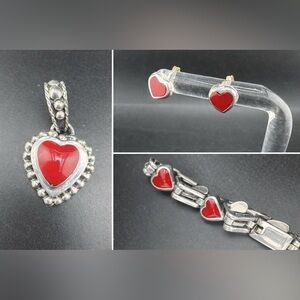 Mexican 925 Sterling Silver Red Coral Heart Set Signed Bracelet Pendant Earrings